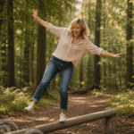 Sonja balanciert auf einem Baumstamm im Wald